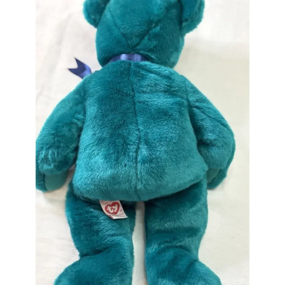 VTG Ty Beanie Buddies Teal Teddy Bear Blue Ribbon Plush 14” Stuffed Animal 1990